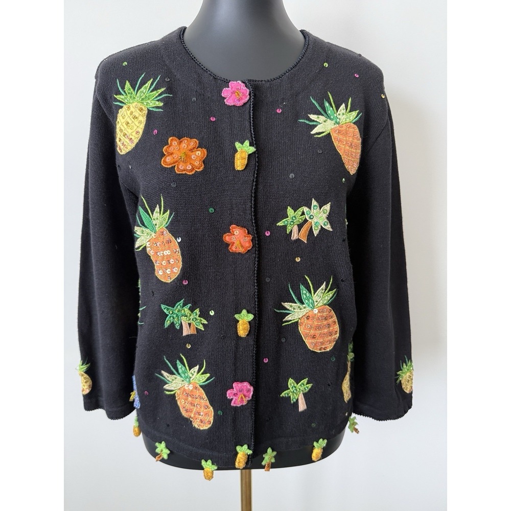 Jack B Quick Sweater Women's PM Black Pineapple Sequin Cardigan Petite Whimsical